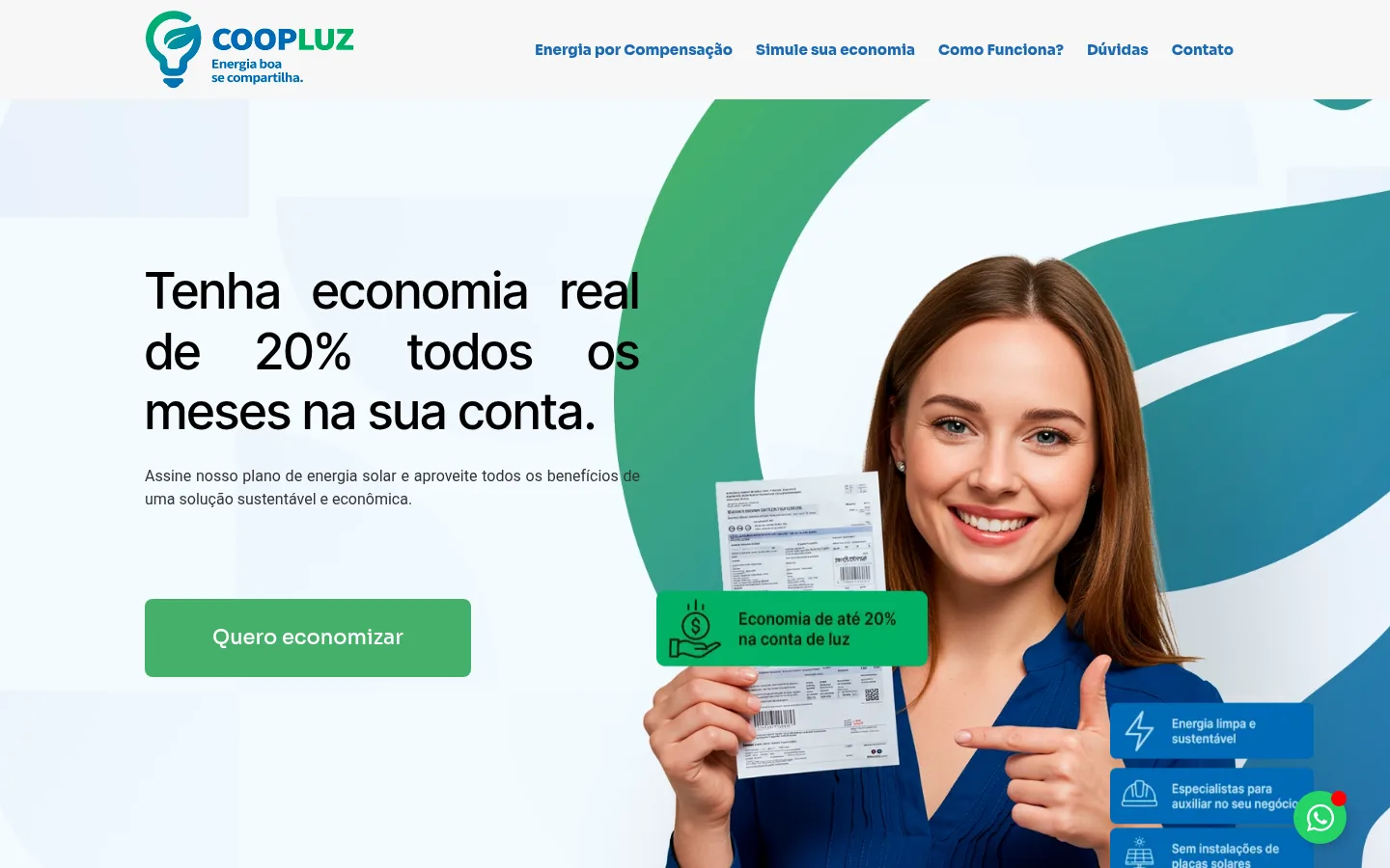 Página inicial da Coopluz, oferecendo até 20% de economia na conta de luz