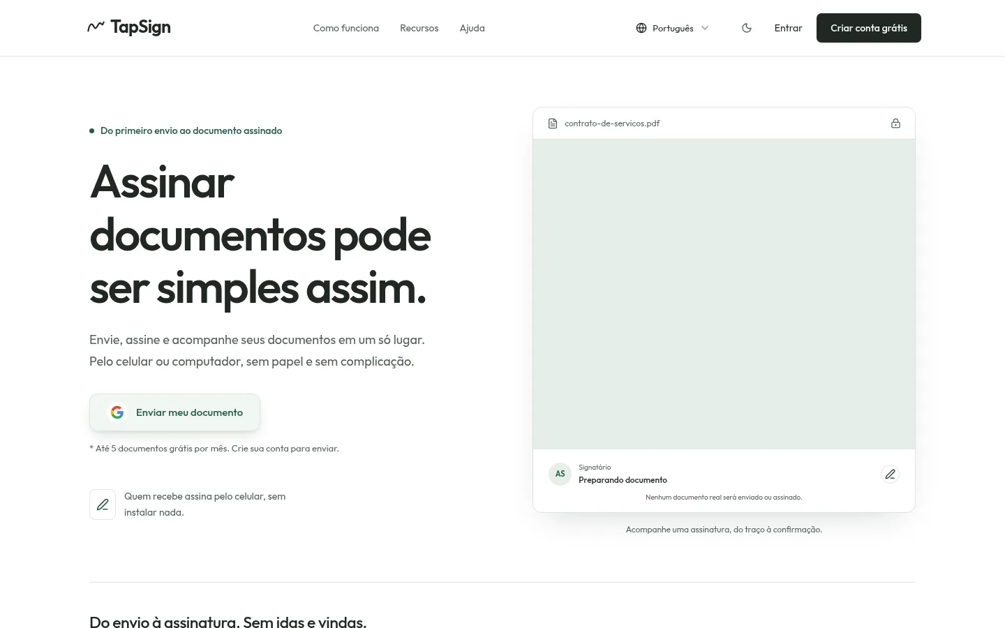 Página inicial do TapSign com um contrato de prestação de serviços sendo assinado
